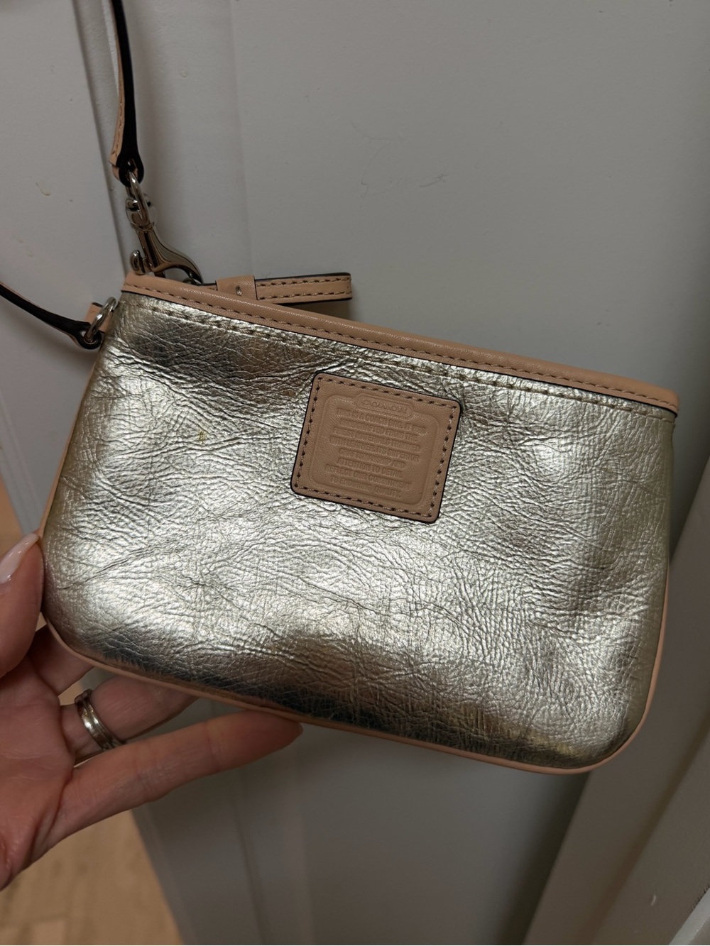 Coach Metallic Gold Leather Wristlet with Nude Trim